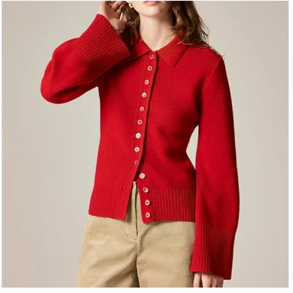 J Crew XS, Red Milano stitch cinched waist cardigan, practically NWT